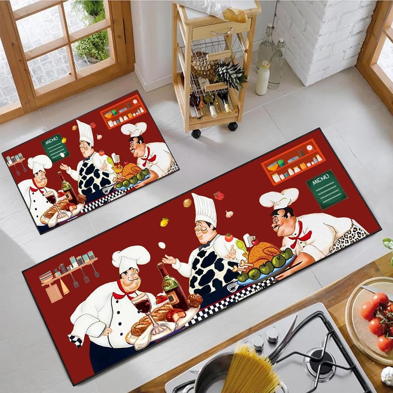 UYDOXCU 2 Piece Fat Chef Kitchen Rug Set, Red Modern Rustic Vintage Decor Kitchen Floor Mat, Non-Slip Absorbent and Washable Home Decoration Carpet 17 * 30+17 * 47 Inches - Image 1